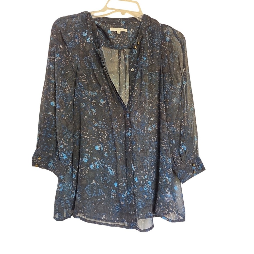 Eliot Blouse Womens Size‎ S Print Sleeve Brass Buttons 100% Silk